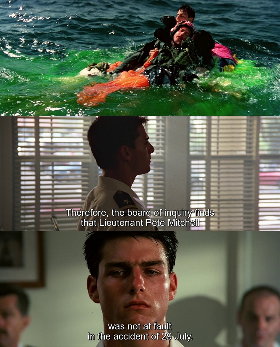 Jul 29th - During an exercise, Maverick and Goose were caught in Iceman's jet wash, causing their plane to enter a flat spin forcing them to eject. 

📽️📅 Top Gun (1986)
