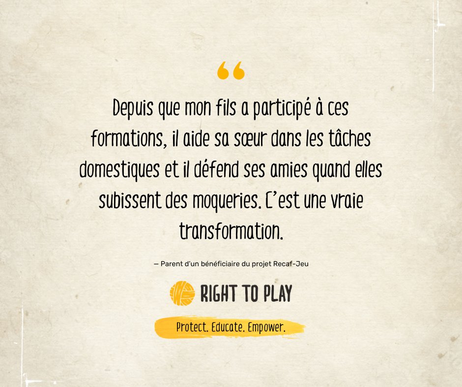 Right To Play Sénégal (@righttoplaysn) on Twitter photo "Depuis qu’il a suivi les formations, mon fils aide sa sœur à la maison et défend ses amies. C’est une vraie transformation !"
— Parent d’un jeune formé à la masculinité positive avec <a href="/YMCASenegal/">YMCA Senegal</a> .
Merci à <a href="/AmbCanSenegal/">Canada au Sénégal</a> pour son appui. #RecafJeu "Depuis qu’il a suivi les formations, mon fils aide sa sœur à la maison et défend ses amies. C’est une vraie transformation !"
— Parent d’un jeune formé à la masculinité positive avec <a href="/YMCASenegal/">YMCA Senegal</a> .
Merci à <a href="/AmbCanSenegal/">Canada au Sénégal</a> pour son appui. #RecafJeu