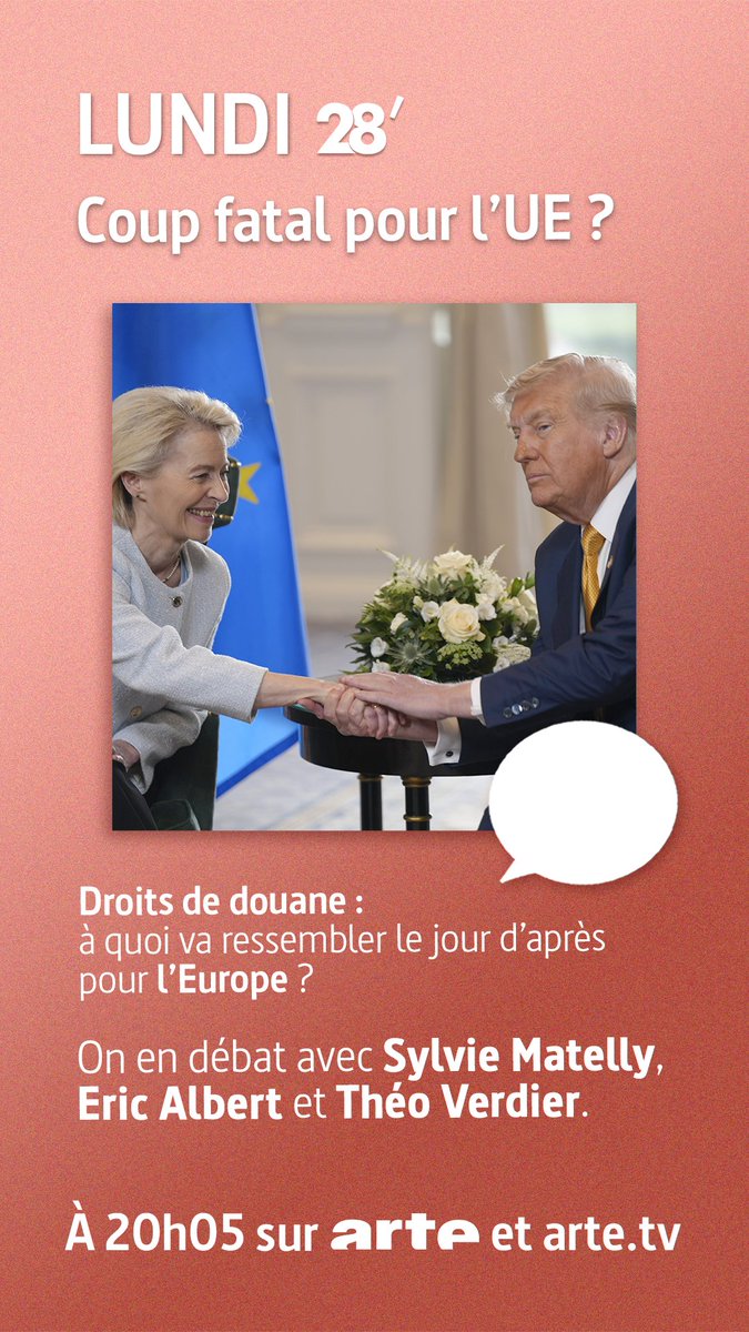 💶 Droits de douane : coup fatal pour l’Europe ? On en débat avec :

➡ <a href="/matellysy/">Sylvie Matelly</a>, dir. de <a href="/DelorsInstitute/">Jacques Delors Institute</a>
➡ Eric Albert (<a href="/IciLondres/">Eric Albert</a>), journaliste économique <a href="/lemondefr/">Le Monde</a>
➡ Théo Verdier, co-dir. de l'Observatoire Europe la Fondation <a href="/j_jaures/">Fondation Jean-Jaurès</a>

⏯️ tinyurl.com/28min290725