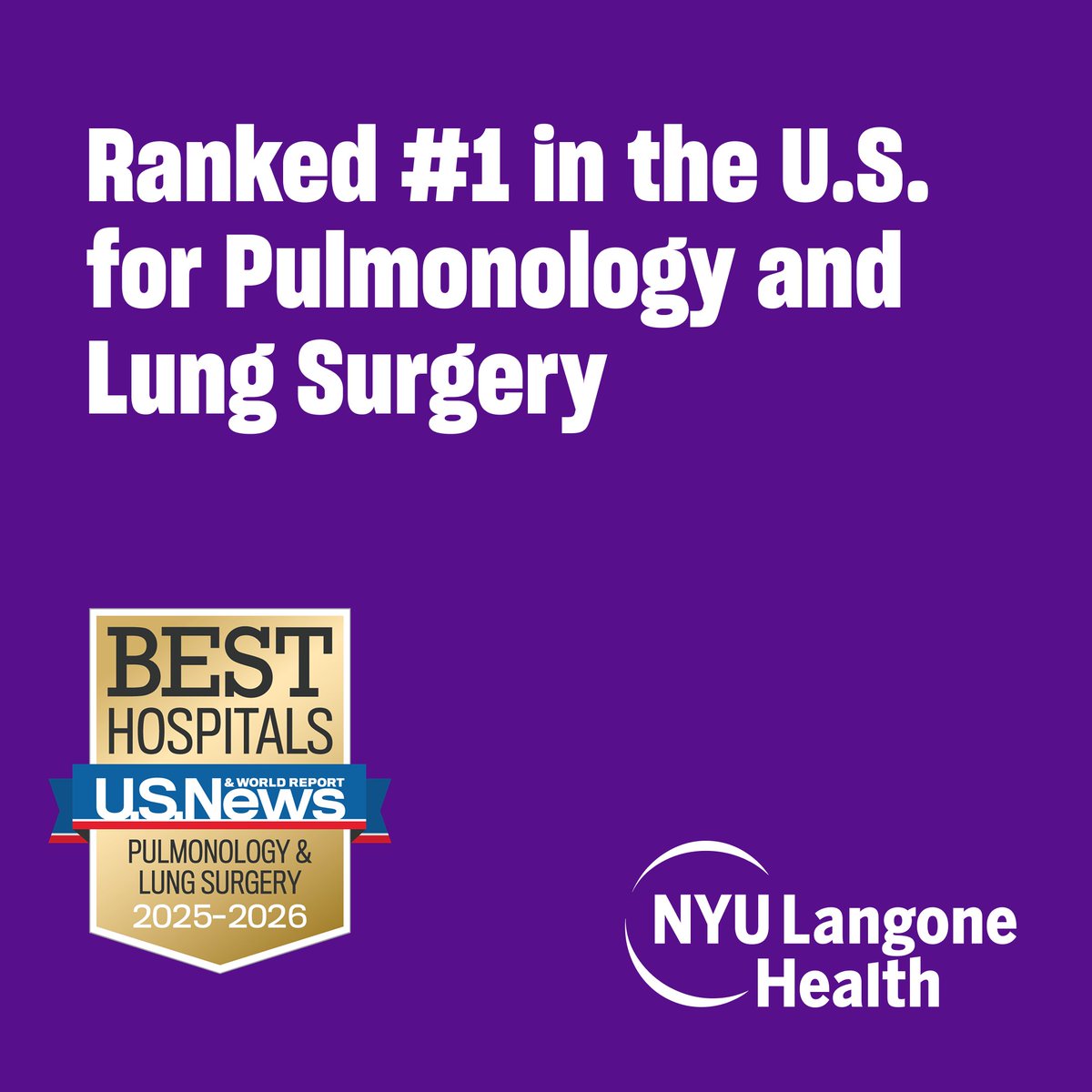 We’re proud to share that <a href="/nyulangone/">NYU Langone Health</a> is ranked #1 in the U.S. for Pulmonology and Lung Surgery by <a href="/usnews/">U.S. News & World Report</a>!🥇 It’s a testament to our integrated teams, system-wide collaboration, &amp; commitment to delivering the best outcomes for our patients. 

Read more 👉 bit.ly/3U333cd
