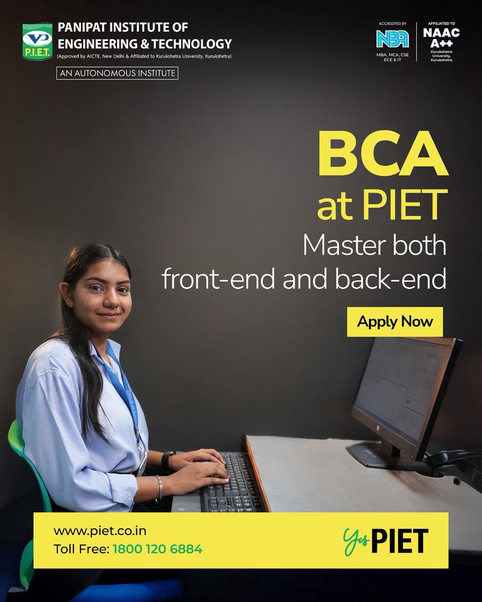 Step into the world of full-stack development with BCA at PIET!

Learn to master both front-end creativity and back-end logic for tomorrow’s tech-driven world.

💻 Apply Now and build your digital future today!