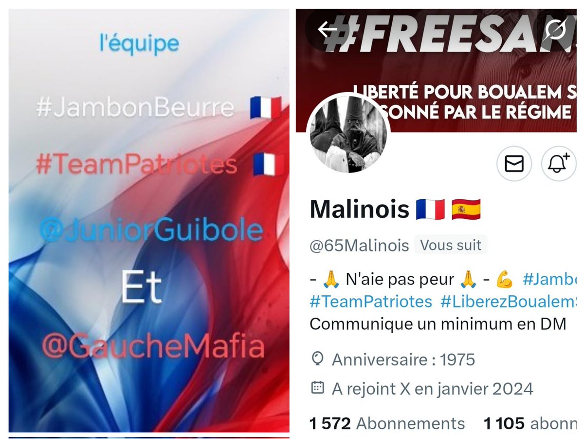 INFO🚨 Merci de partager !🚨
Mes amis abonnés😉
Ainsi que l'équipe #JambonBeurre #TeamPatriotes  🇨🇵 
Notre ami <a href="/65Malinois/">Malinois 🇨🇵 🇪🇦</a>   👍
Aurait besoin d'un petit coup de pouce pour grossir sa TL!🥳
Et ainsi lui donner plus de visibilité ! Merci de vous abonner à lui !🙏
Et n'oubliez