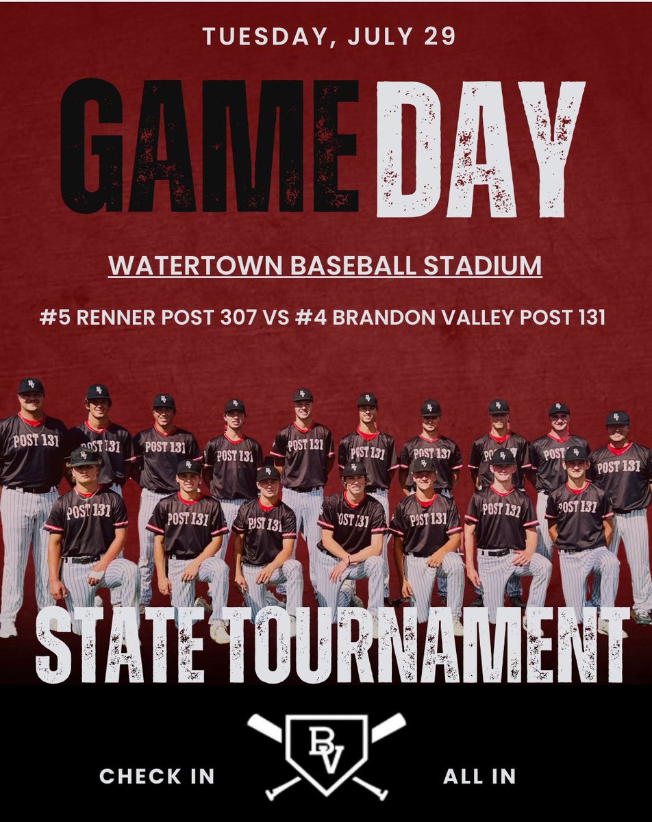 🚨Game Day!🚨

It's opening day for the 2025 Legion State Tournament.  Post 131 Legion team will face off against Renner Post 307 @ 4:00pm.

📍Watertown, Watertown Baseball Stadium.

Games can be found at the link below for Post 17 Baseball:

youtube.com/channel/UCTy3M…