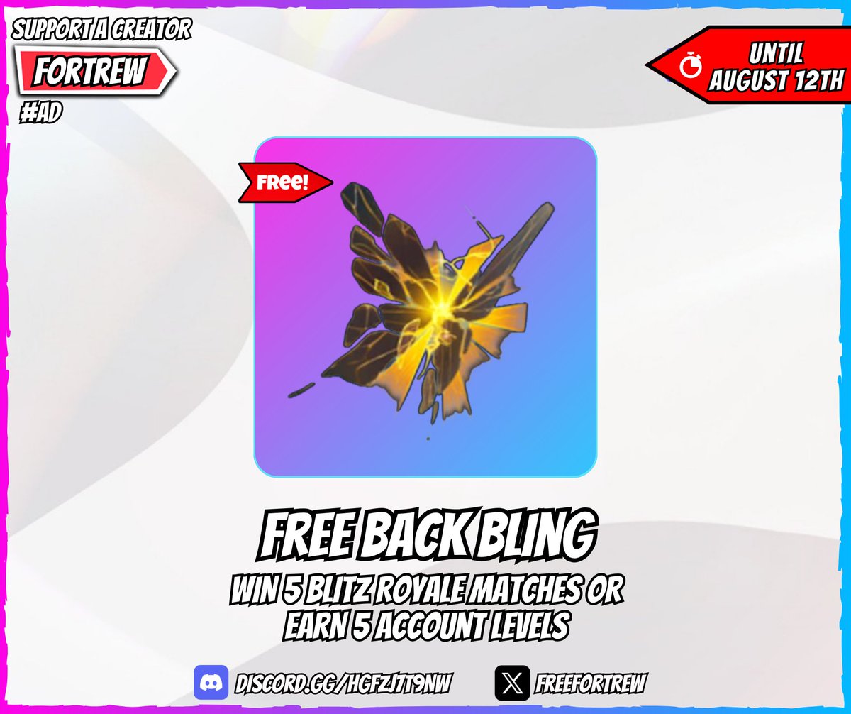 Free Back Bling

Win 5 Blitz Royale matches or Earn 5 Account Levels.

🏆 Reward:
• "Blitz Wings" Back Bling

📅 Available until August 12th.