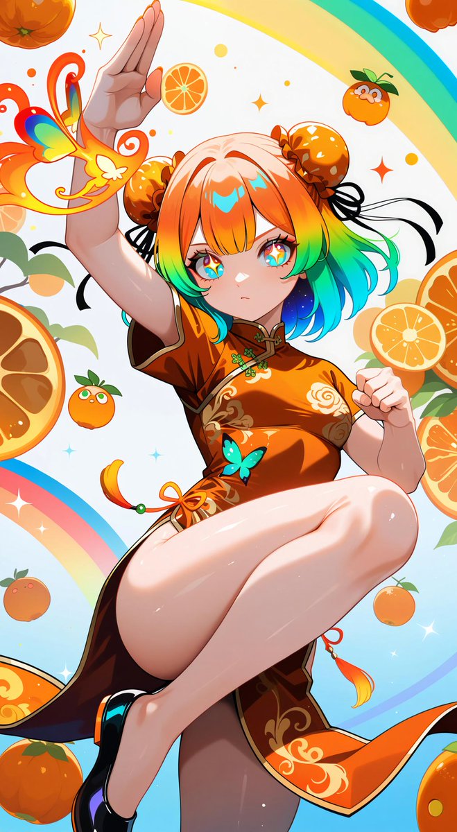 #AIカラーフルーツパーティ 

今日は…『 オレンジ色 虹色 ＆ 柑橘系🍊🧡 』

イベント最終日！
主催者の皆様お疲れ様でした(*´∀`)ﾉ

最終日の柑橘系🍊が一番生成出来なくて悪戦苦闘😂
そんな時は使ってる #Spellai のスタイル“ アニメⅡ ”に頼る！笑

本日は… ー カンフー少女🍊 ー