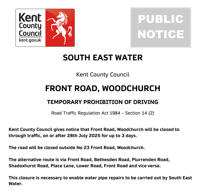 KentHighways's tweet image. Woodchurch, Front Road. Road closed until 30th July for @sewateruk works.