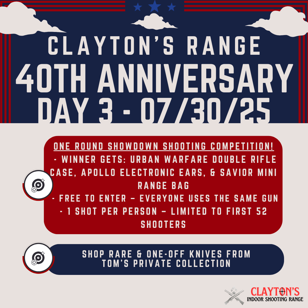 claytons_range's tweet photo. DAY 3 DETAILS IN!! One of a kind and the rarest knives we have and our One Round Showdown! Think you have the best shot? Come in and find out.. 👊

#claytonsrange #shootingsports #anniversaryweek #rareknives #competition https://t.co/ZcAFxU0lov