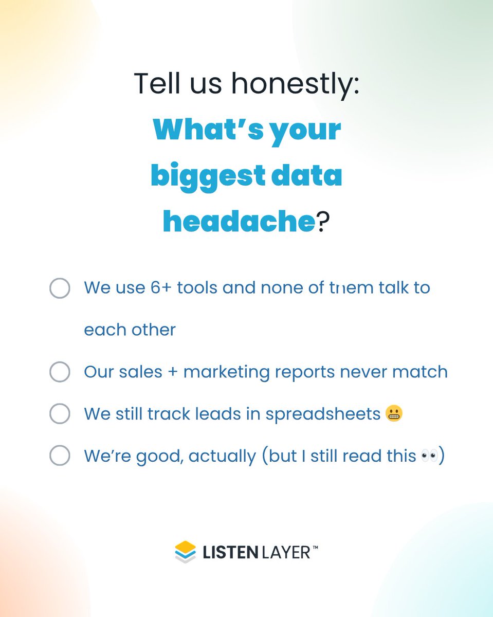 listenlayer's tweet image. 📊 Tell us honestly: What’s your biggest data headache?

👇 Drop your answer below. Let's see how many of us are still stuck in the same pain.

#MarketingOps #RevOpsReality #DataFrustration