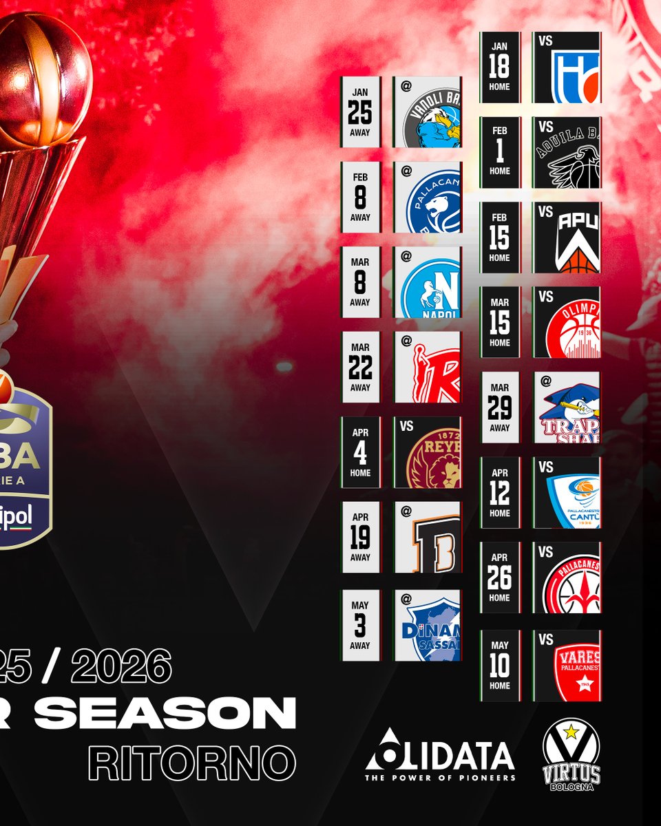 ECCO IL CALENDARIO DI LBA DELLA VIRTUS OLIDATA BOLOGNA ⚡️

Con il tricolore sul petto 🤍🇮🇹🖤