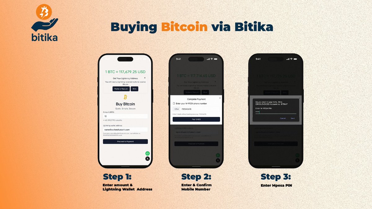Stack #SATs today with as low as KES 10 ⚡

Here’s how to buy Bitcoin in seconds:

1️⃣ Visit bitika.xyz
2️⃣ Paste your Lightning wallet address
3️⃣ Choose amount 
4️⃣ Pay via M‑Pesa
✅ BTC delivered instantly to your wallet!

🔗 bitika.xyz