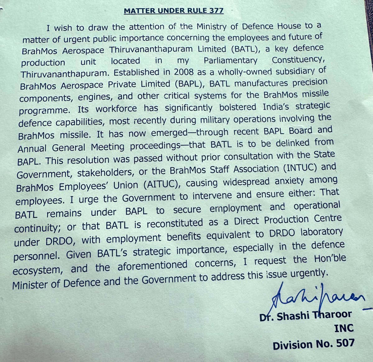 In view of the debate on #OperationSindoor, interventions balloted successfully under rule 377 were laid on the table of the House today, rather than spoken. My submission, which will enter the Parliamentary record, was about the challenges faced by the Brahmos plant in