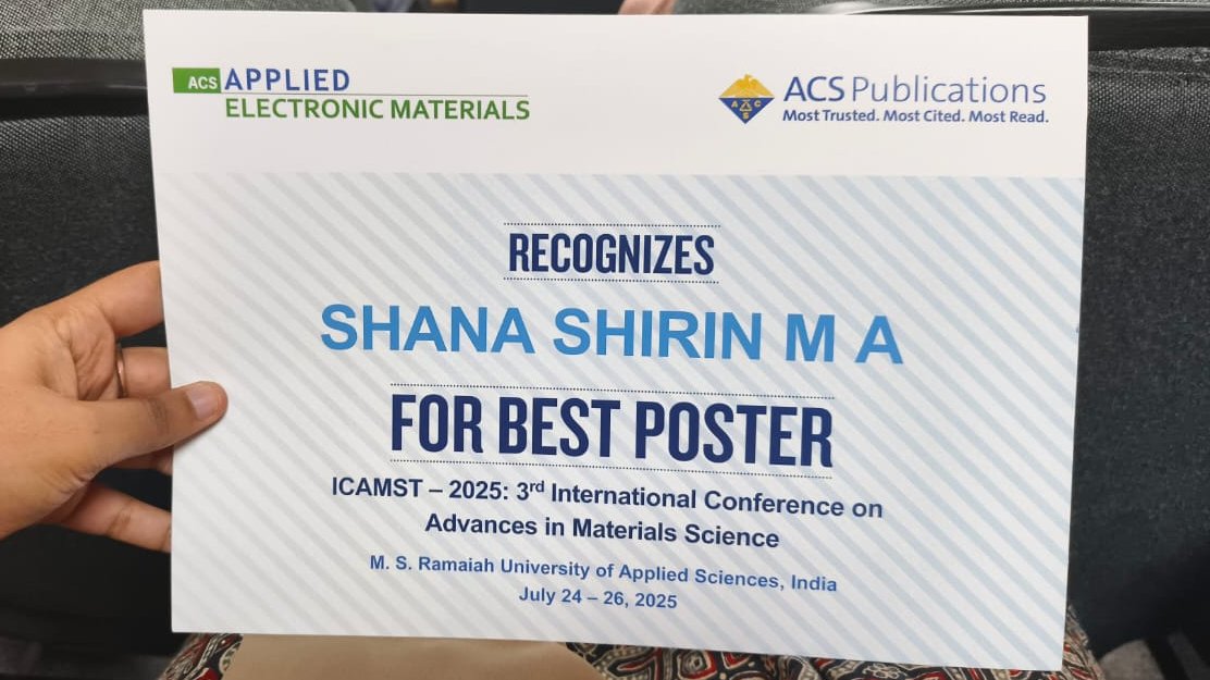PROFM Research Group (@rajamalligandee) on Twitter photo 🎉 Congratulations to Ms. Shana Shirin M A <a href="/shirin_shana_25/">Shana shirin M.A</a> for receiving the Best Poster Award at the 3rd International Conference on Advances in Material Science and Technology (ICAMST 2025), organized by Ramaiah University of Applied Sciences 👏 🎉 Congratulations to Ms. Shana Shirin M A <a href="/shirin_shana_25/">Shana shirin M.A</a> for receiving the Best Poster Award at the 3rd International Conference on Advances in Material Science and Technology (ICAMST 2025), organized by Ramaiah University of Applied Sciences 👏