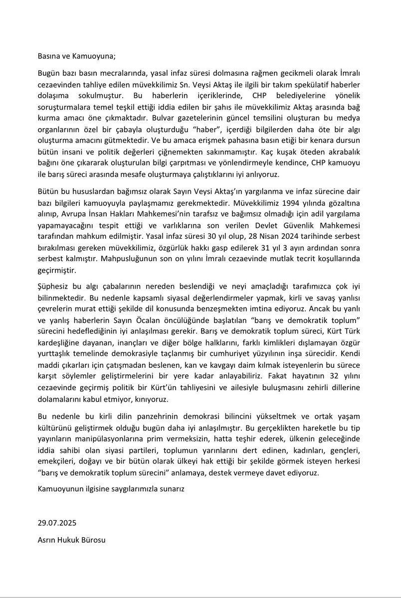 Müvekkilimiz Sn.Veysi Aktaş hakkında  çıkarılan maksatlı haberlere dair açıklamamızdır.