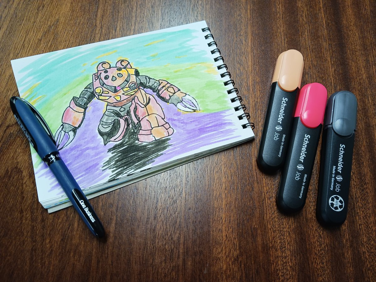 GEETEXKATO's tweet photo. シュナイダーの蛍光マーカージョブ＆ワンビジネスでお絵描き🖍️
クロームカラーのズゴック投稿に刺激を受けて描いてみました！ 経験値15枚、No.15！
#お絵描き #Schneider #蛍光マーカー #ズゴック #Gundam #文具好きと繋がりたい https://t.co/j7EjHU1UYk