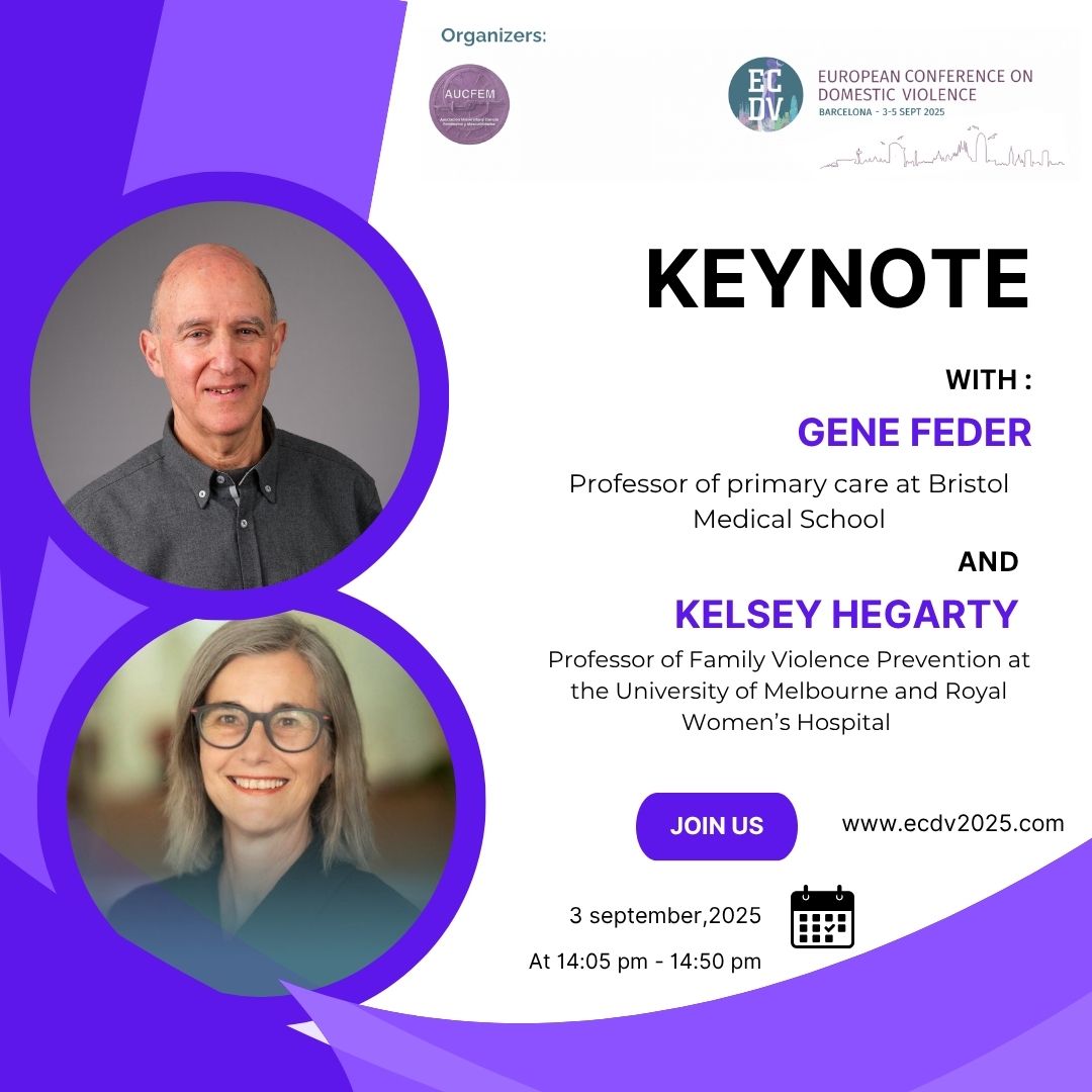 🗣️ We’re thrilled to announce Gene Feder and Kelsey Hegarty as keynote speakers at #ECDV2025 
You won't want to miss their dialogue on trauma-informed health care systems. #EndDomesticViolence
📅3 September 📍Barcelona
🔗 Registration: ecdv2025.com/about