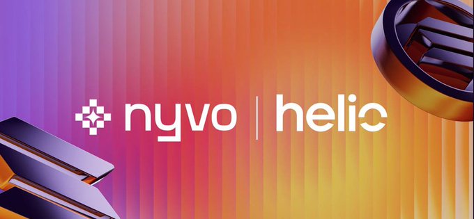 Nyvo 和 Helio 合作标志，色彩鲜艳，灵感来源于区块链设计