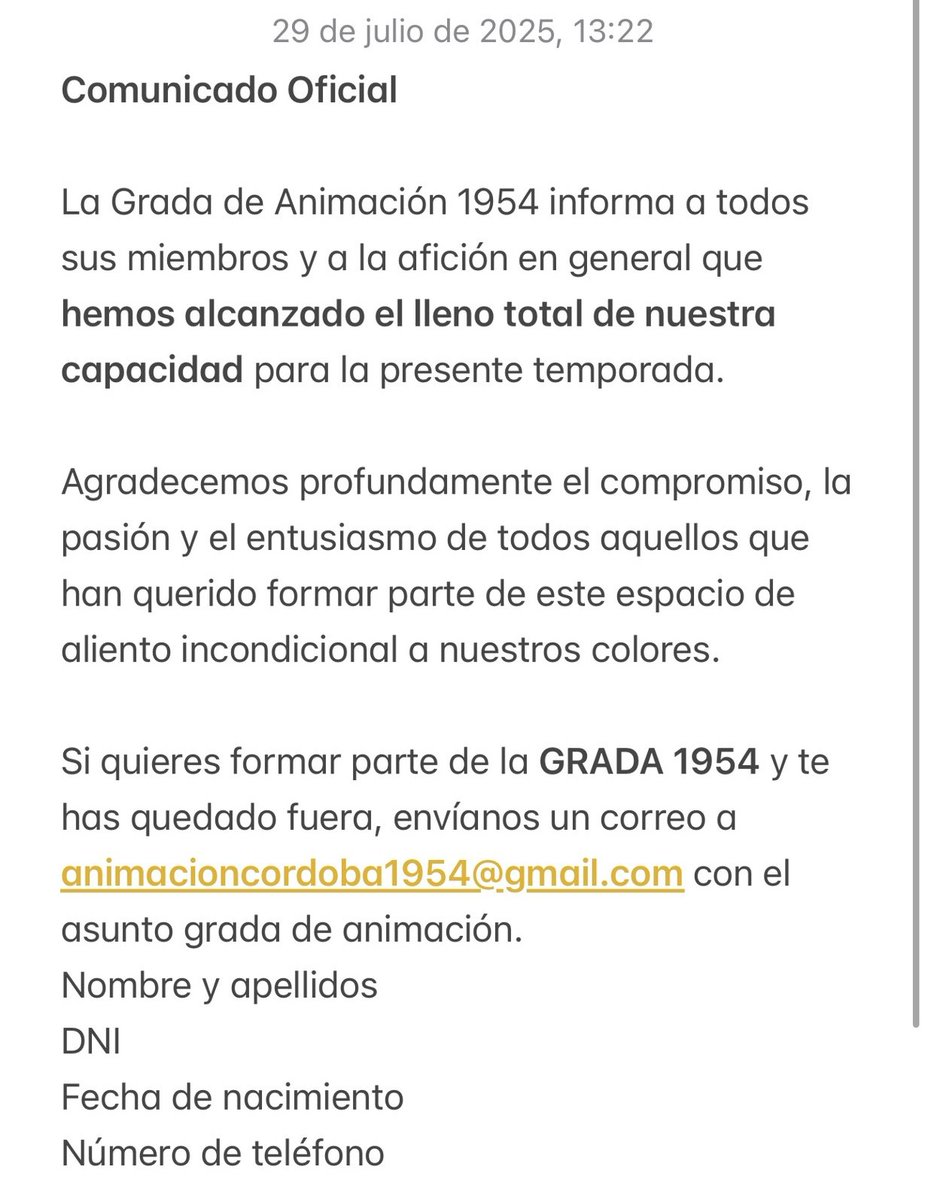 Canal Blanquiverde 🚜 (@canblanquiverde) on Twitter photo 🔴 La <a href="/GRADA1954/">GRADA1954</a> se queda sin localidades libres para la presente temporada. Agotadas las casi 400 de este curso.
ℹ️ Si queréis pertenecer a la misma en próximas ampliaciones podéis enviar vuestros datos a ⤵️
#aficiónCCF
#SigamosCreciendoJuntos 🔴 La <a href="/GRADA1954/">GRADA1954</a> se queda sin localidades libres para la presente temporada. Agotadas las casi 400 de este curso.
ℹ️ Si queréis pertenecer a la misma en próximas ampliaciones podéis enviar vuestros datos a ⤵️
#aficiónCCF
#SigamosCreciendoJuntos