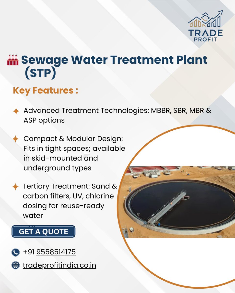 _TradeProfit_'s tweet photo. 🏭 Sewage Water Treatment Plant (STP)

💧 Reuse Wastewater
♻️ Meet CPCB Norms
⚙️ Sustainable, Low-Maintenance Design

Ideal for: Hotels, Factories, Societies

📞 +91 9558514175 🌐 https://t.co/hea0LeMbe5

#STP #SewageTreatment #CleanWaterIndia  #TradeProfitIndia https://t.co/G7x22QERec