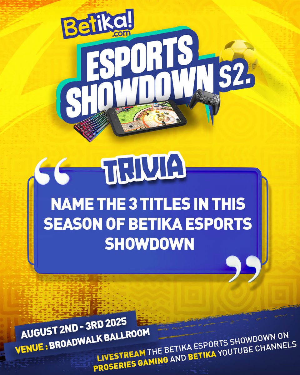 It's finally #BetikaEsportsShowdown week. We have some Betika merchandise to give away as we look forward to the tournament. Tell us the 3 TITLES in this season's tournament and you could walk away with some cool merchandise. #ProseriesGaming