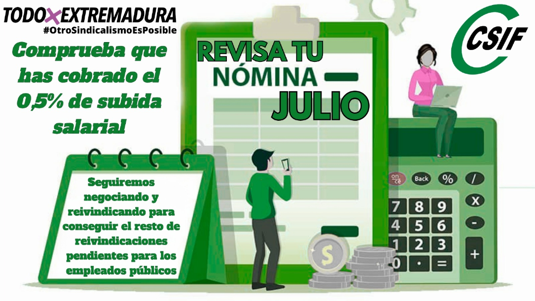 CSIFExtremadura's tweet photo. 🟢 Si eres empleado público en Extremadura, comprueba que en tu nómina de este mes se ha incluido el 0,5% de subida salarial.

Desde #CSIF, seguiremos negociando y reivindicando para conseguir el resto de reivindicaciones pendientes.
#TodoXTodos https://t.co/HUv4X30SGV