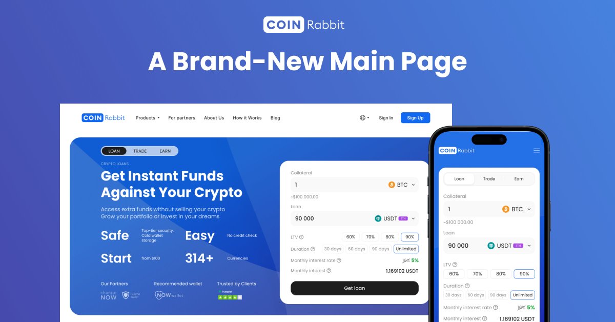 It’s upgrade time at CoinRabbit — all to make your experience even better!

Have you checked out our brand-new Main Page with an updated calculator and a seamless toggle between Loan, Trade, and Earn services?

Check it out and unlock wealth potential with CoinRabbit: