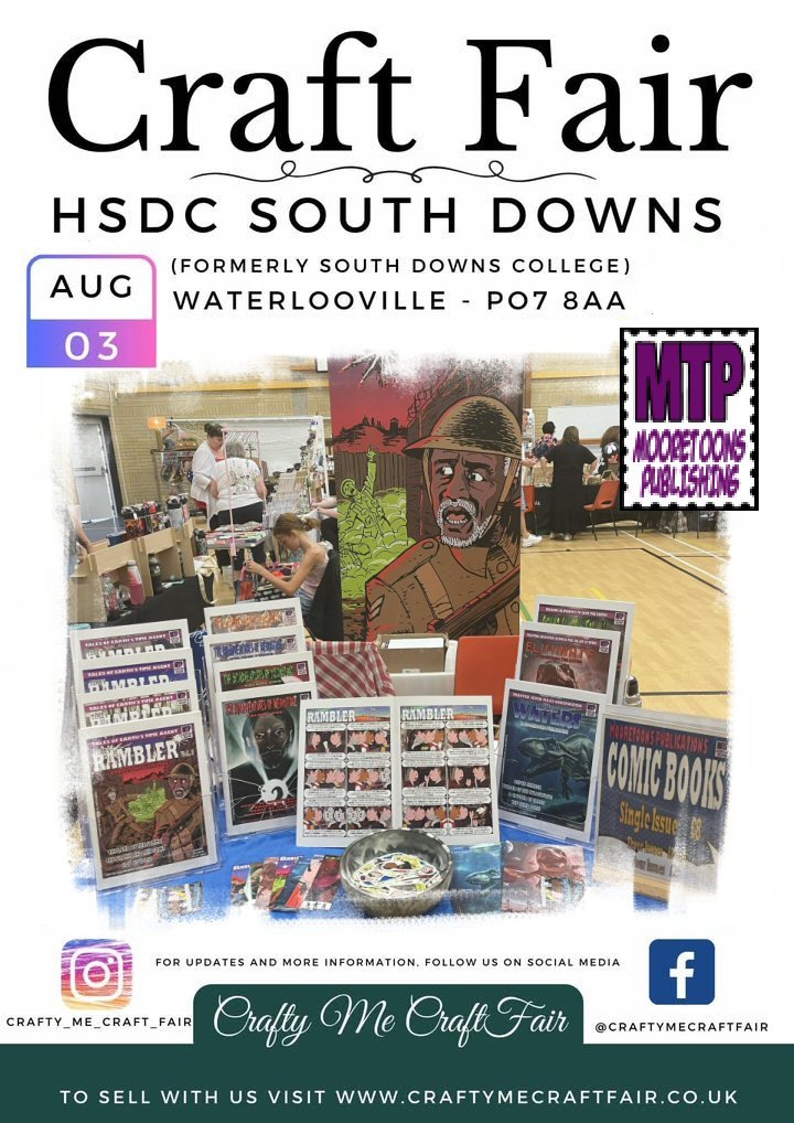 Just a reminder that this Sunday, August 3rd 2025, I'll be at the Crafty Me Monthly Craft Fair with all my "Mooretoons Publishing" comic books, stickers, &amp; art cards.

It runs from 1100-1500 hours at HSDC South Downs, College Road, Widley, Waterlooville, Hampshire PO7 8AA. 😁