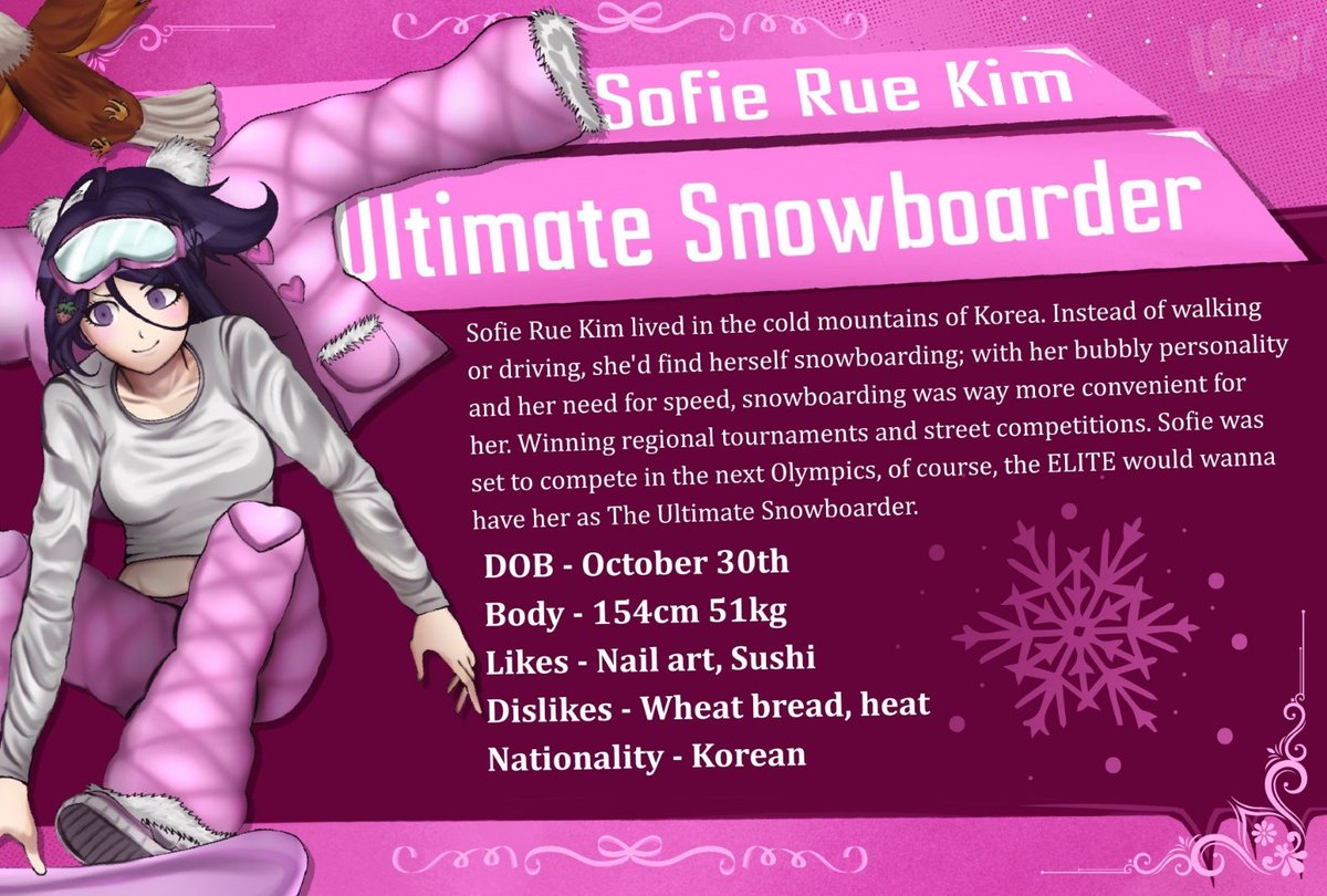 facadeacademyPI's tweet photo. A snowboarder whose passion feels blessed by the winter's chill.

"Sofie Rue Kim! People back home just call me Sofie, or Rue, sometimes Kim, whatever, I'm the best snowboarder in the world either way!" 🌨🍓

#ThePandoraInitiative #TPI #fangan #fanganronpa https://t.co/ReGSiNoQhh