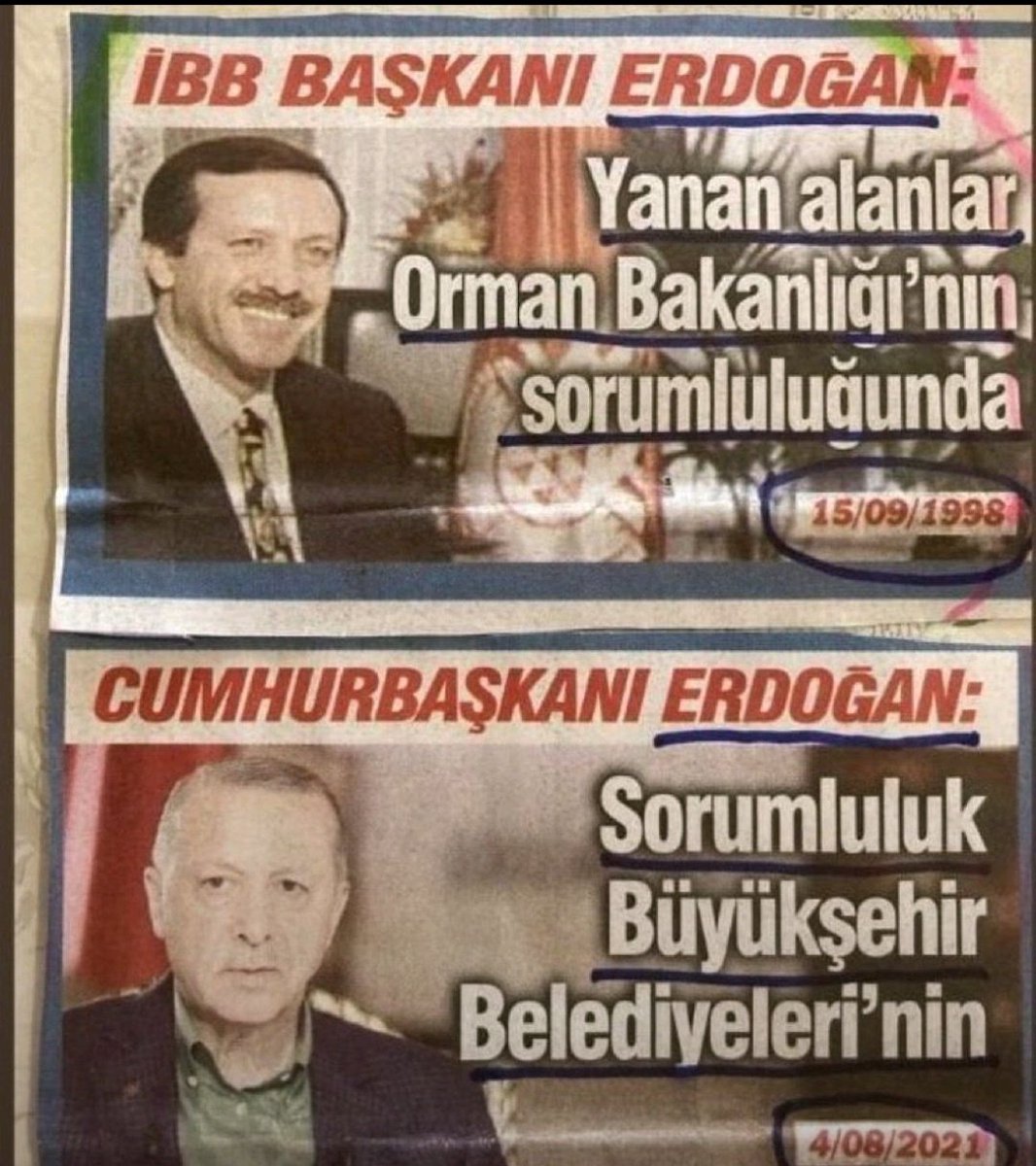 İBB başkanıyken “orman yangınları Orman Bakanlığı’nın sorumluluğunda” diyen Erdoğan, Cumhurbaşkanı olunca “sorumluluk belediyelerin” demeye başladı!
Koltuk büyüdü, yetki arttı.
Ama sorumluluk? Yine sıfır!

Yangınlarda CHP'li belediyeler “gelin THK uçaklarını alalım” dedi, elinin