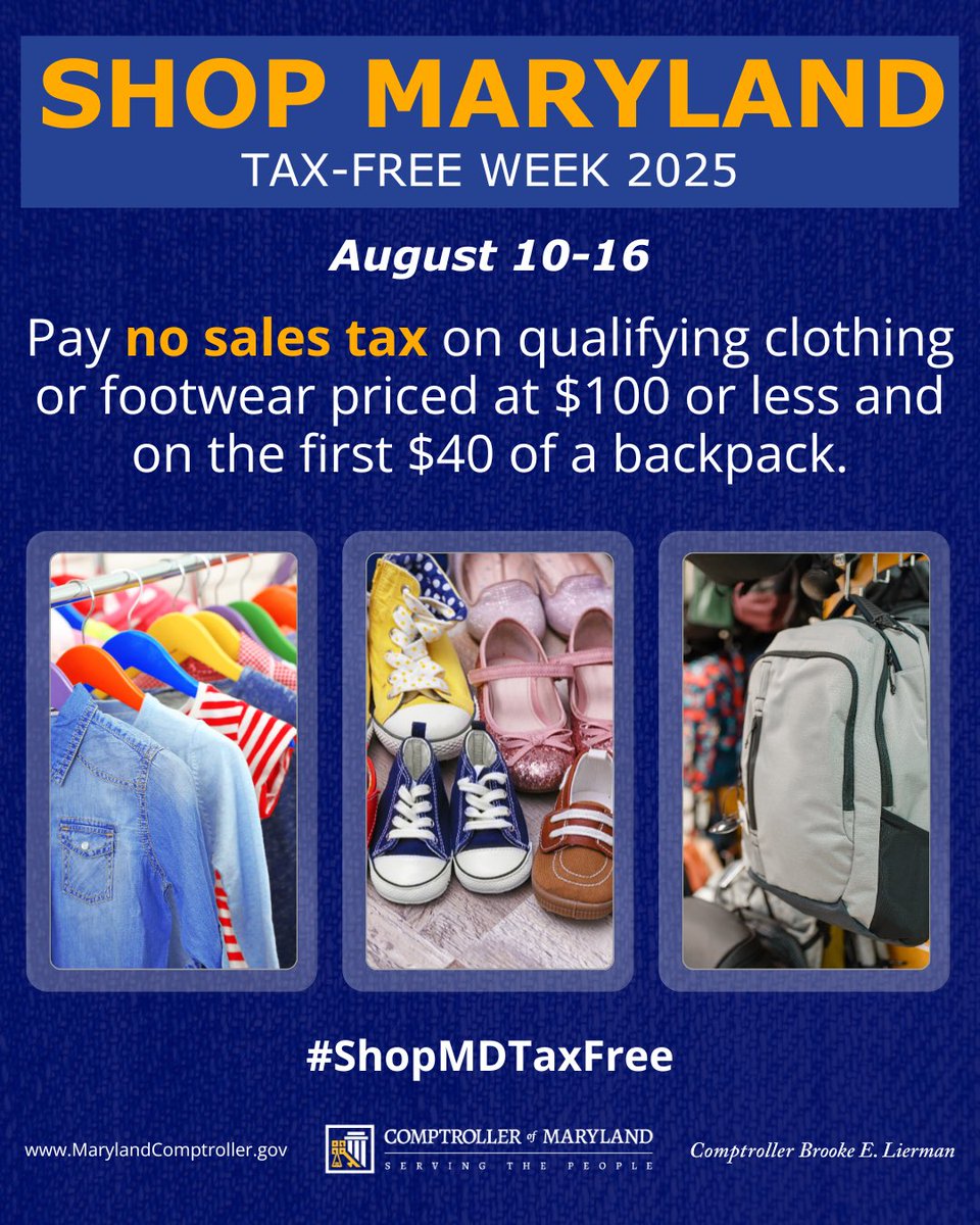 Get ready for #ShopMDTaxFree Week! From August 10 to August 16, enjoy tax-free shopping on clothing and footwear prices $100 or less, and the first $40 of a backpack! Don’t miss out!