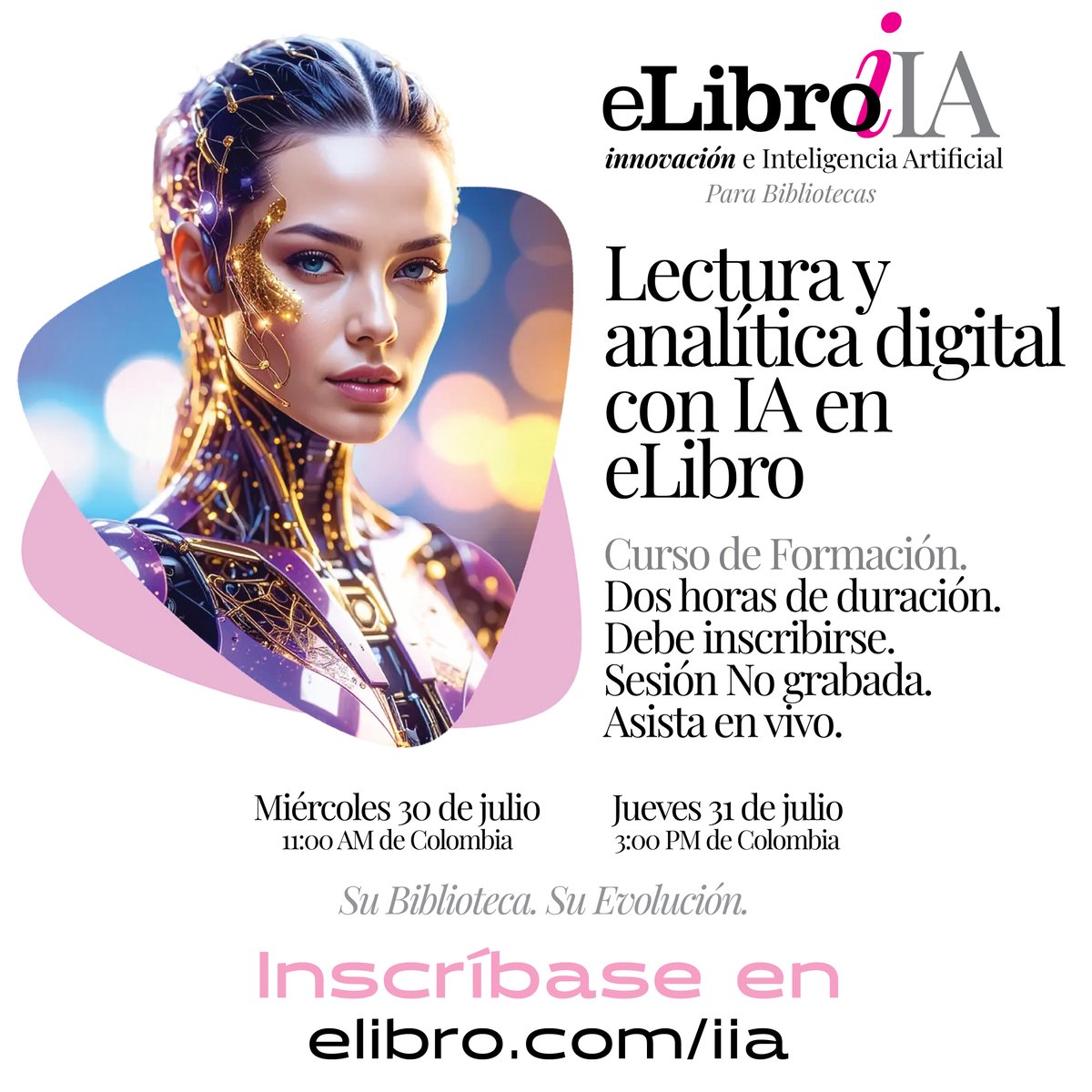 Inscríbase para acceder al curso de este Miércoles o Jueves en: elibro.com/iia
La sesión no será grabada. ¡Esperamos su asistencia en vivo! ¡No se lo pierda!
Próxima Semana: Alfabetización Informacional crítica con apoyo de IA.