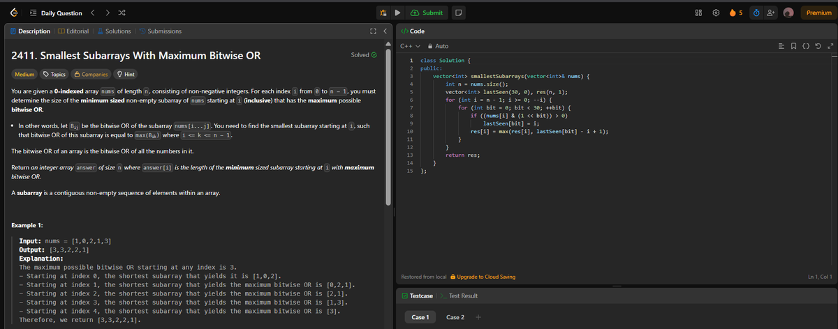 Anurags44798025's tweet image. 🚀 Day 3 of #100DaysOfCode
📌 Solved Leetcode 2411 - Smallest Subarrays With Maximum Bitwise OR
🧠 Learned how to optimize using bit manipulation and reverse traversal
⚙️ C++ used | Tags: #BitwiseOR #SlidingWindow #Greedy
#Leetcode #DevJourney #DSA #100DaysChallenge