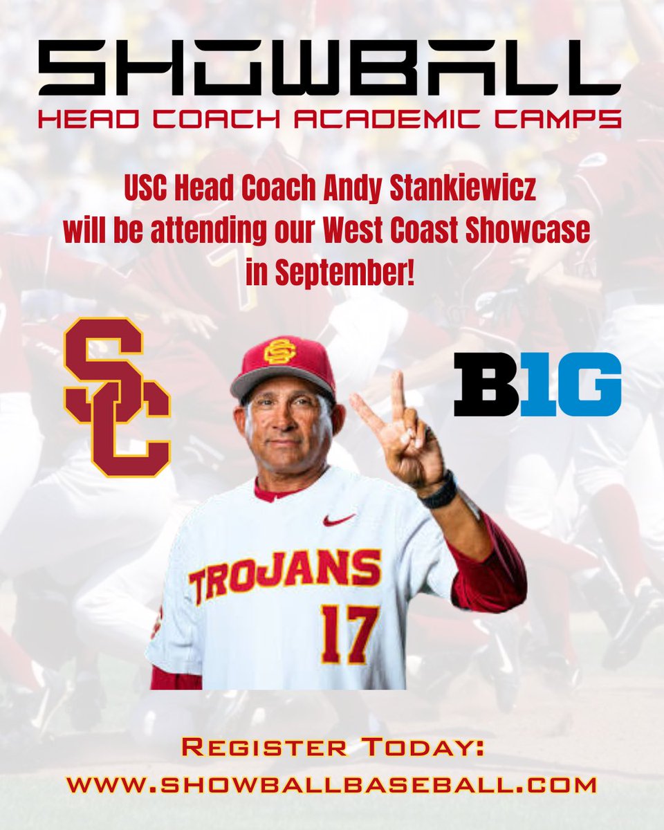 ShowBallCamps's tweet image. Head Coach Andy Stankiewicz from @USC_Baseball will be attending our September Head Coach camp! @bigten @axcessbaseball @d1baseball @ABCA1945 @ShowBallCamps