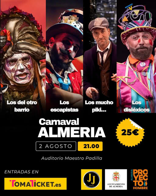 🎭 Este 2 de agosto, el Carnaval también tiene propósito. Parte de la recaudación irá destinada a Proyecto Hombre Almería, para seguir acompañando a quienes más lo necesitan.

📍 Auditorio Maestro Padilla
🗓️ Viernes 2 de agosto – 21:00 h

Entradas en: tomaticket.es/es-es/entradas…