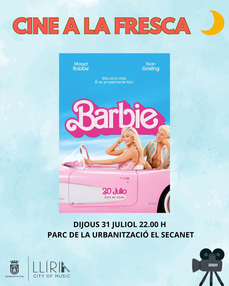 🎥 Este dijous continua la programació de 'Cine a la fresca' amb la pel·lícula "Barbie". Es projectarà a les 22.00 hores al parc de la urbanització El Secanet.