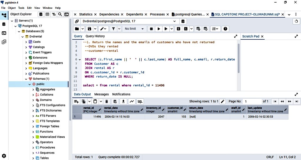 olummi_'s tweet image. Tried out a real SQL challenge today.
🎯 Goal: List customers with unreturned rentals (aka return_date is NULL)

I broke it down, wrote the query, and double-checked with a specific rental ID.  
Swipe to see my process ⬇️  

#postgresql #SQL #WomenWhoCode @Digitaleydrive