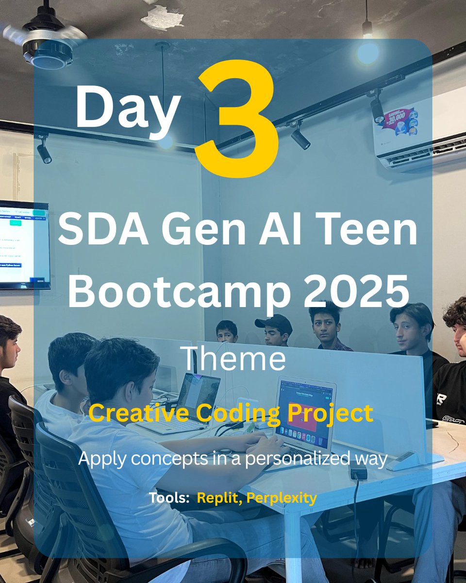 SDATecHub's tweet image. 🚀 SDA Gen AI Teen Bootcamp 2025 – Week 1: Think Like a Creator!

This week, our young innovators step into the exciting world of digital creativity and coding fundamentals. 

#SDAGenAIBootcamp #ThinkLikeACreator #DigitalSkillsForTeens  #CodingForTeens #AIandDesign #sdatechhub
