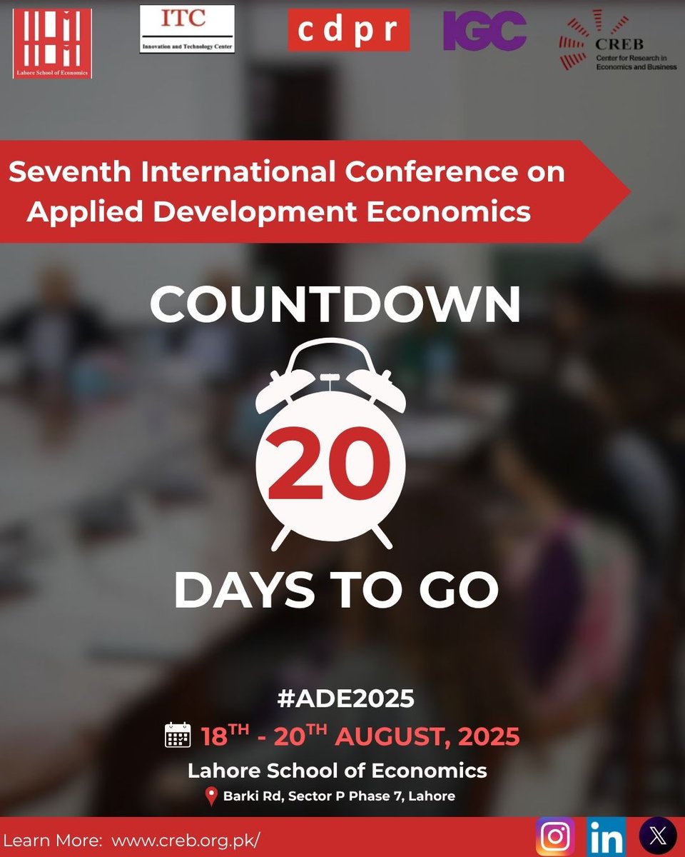 CREB (@creb_pak) on Twitter photo Just 20 days to go!
The 7th International Conference on Applied Development Economics (ADE) is all set to commence on August 18, 2025.
Collaborators:
<a href="/Lahore_School/">Lahore School of Economics</a> <a href="/CDPRPak/">CDPR</a> <a href="/The_IGC/">International Growth Centre</a> <a href="/Innovate_Centre/">Innovation and Technology Centre</a> Just 20 days to go!
The 7th International Conference on Applied Development Economics (ADE) is all set to commence on August 18, 2025.
Collaborators:
<a href="/Lahore_School/">Lahore School of Economics</a> <a href="/CDPRPak/">CDPR</a> <a href="/The_IGC/">International Growth Centre</a> <a href="/Innovate_Centre/">Innovation and Technology Centre</a>