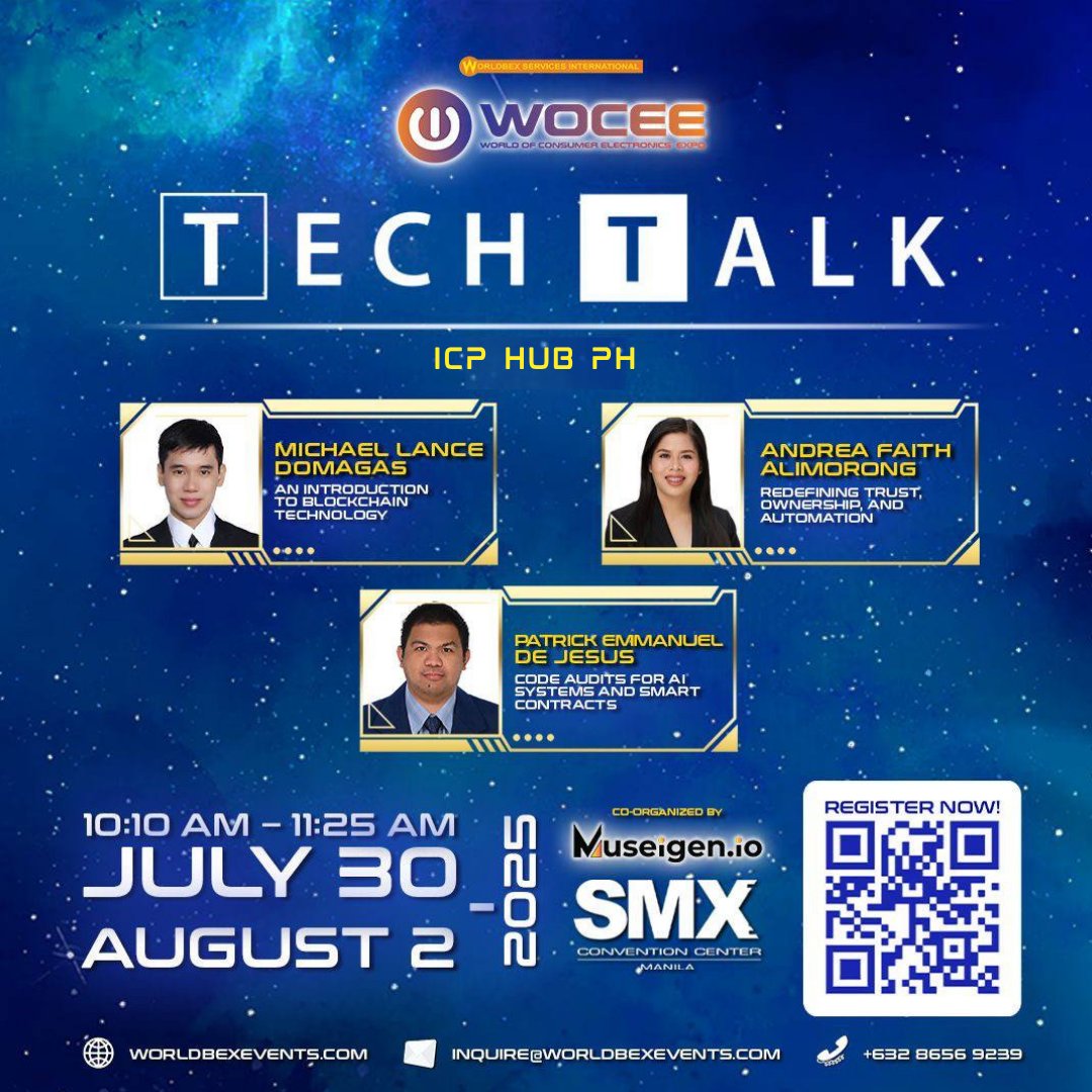 museigen_io's tweet photo. ICP Hub PH hits the stage at #TheFutureOfFinance this Aug 1 at #WOCEE2025!

Blockchain, AI, smart contracts &amp; audits—powered by ICP.

Featuring:
Michael Domagas – Devcon PH
Andrea Alimorong – Computrade
Patrick De Jesus – Sudoers Security

📍 SMX Manila
🔗 https://t.co/dW480j0cBQ https://t.co/J5hnqTvjPr