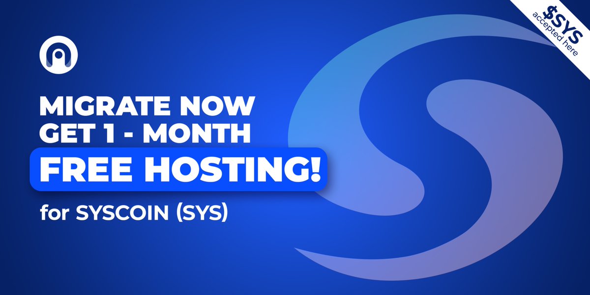 Migrate your $SYS #masternodes and get 1 month of free hosting!

We’re excited to offer 1 month of free hosting for every Syscoin masternode you migrate to NodeHub — no limits!

After that, hosting is only $3.90/month, and yes — we accept $SYS, so you can pay directly from your