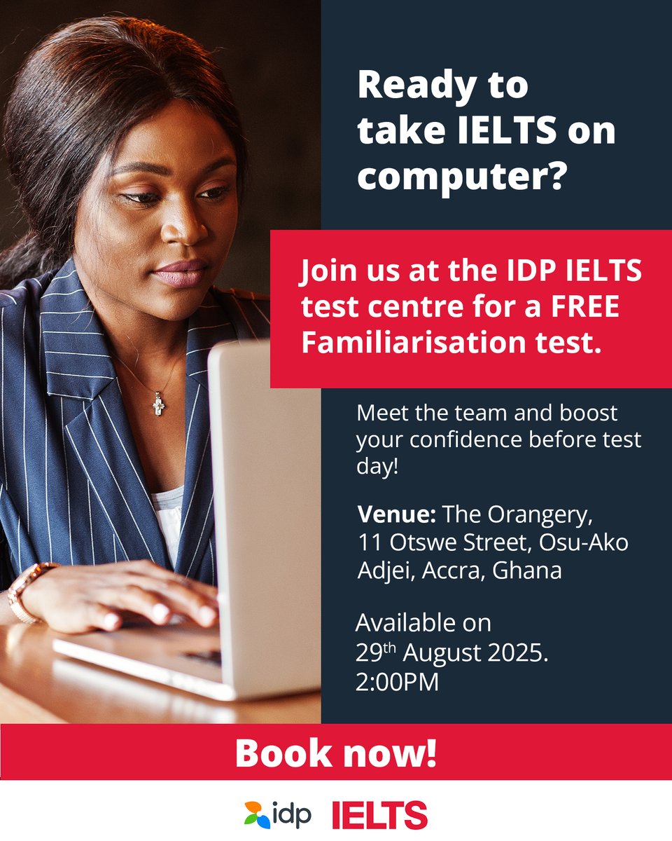 ieltsbyidpghana's tweet photo. 💻 Ready to conquer your IELTS on computer?
Come meet an IELTS counsellor in person and take a FREE Familiarisation Test at the IDP IELTS Test Centre!
📞 0537210172 | 0558201416
🔗 Secure your spot now: https://t.co/rcAfwHbcLt
#IDPIELTS #IELTSonComputer #FreeTestExperience https://t.co/v6qRRPFm7P