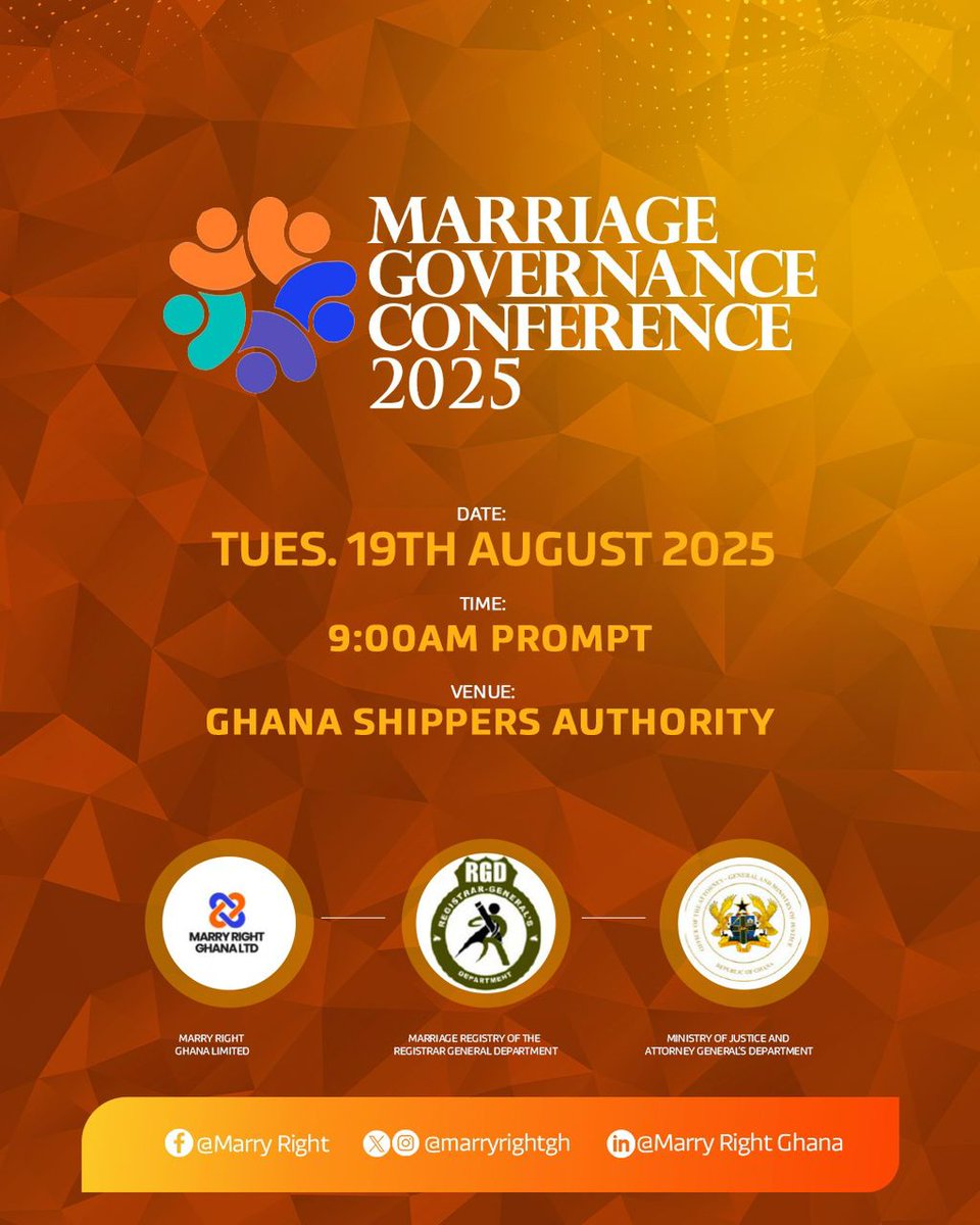 marryrightgh's tweet photo. We are excited to share that once again MarryRight Ghana Ltd is hosting the #MGC25 , and weβd love to have you join us.
It promises to be an insightful experience and your presence will make it even more meaningful.
Stay tuned for Registration details.
#MGC25 #marryright https://t.co/P1E7o7AQ7o