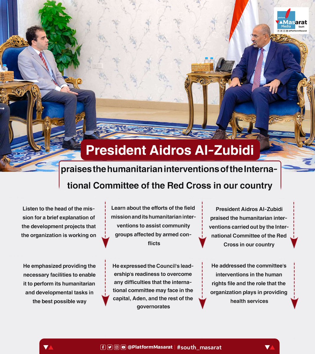 President Al-Zubidi praises the humanitarian interventions of the International Committee of the Red Cross in our country
#south_masarat