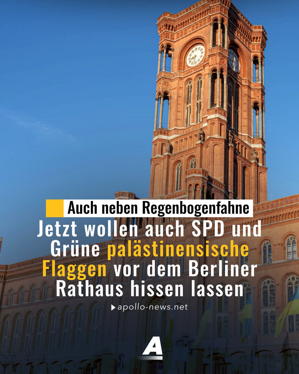 Bisher hat nur die Linkspartei das Hissen der palästinensischen Flagge vor öffentlichen Gebäuden in Berlin gefordert. Jetzt haben sich Abgeordnete der SPD und der Grünen angeschlossen – zusammen hätten sie die Mehrheit, um das Vorhaben umzusetzen.
apollo-news.net/jetzt-wollen-a…