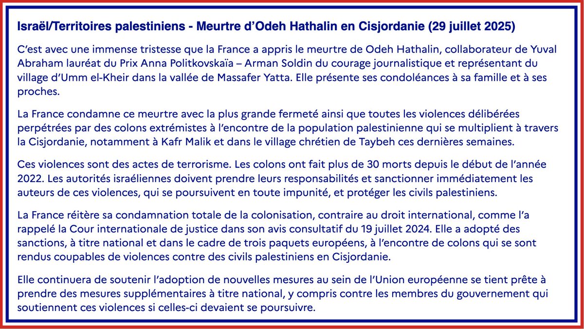 France Diplomatie 🇫🇷🇪🇺 (@francediplo) on Twitter photo #Israël / #TerritoiresPalestiniens | C’est avec une immense tristesse que la France a appris le meurtre de Odeh Hathalin, collaborateur de <a href="/yuval_abraham/">Yuval Abraham יובל אברהם</a> lauréat du Prix Anna Politkovskaïa – Arman Soldin du courage journalistique.
➡️ fdip.fr/p6ven5mk #Israël / #TerritoiresPalestiniens | C’est avec une immense tristesse que la France a appris le meurtre de Odeh Hathalin, collaborateur de <a href="/yuval_abraham/">Yuval Abraham יובל אברהם</a> lauréat du Prix Anna Politkovskaïa – Arman Soldin du courage journalistique.
➡️ fdip.fr/p6ven5mk
