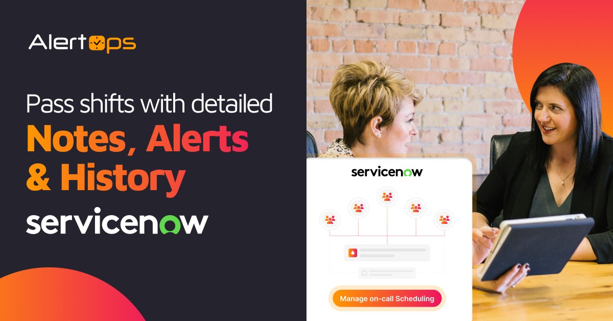 Most handoffs just swap names. 
AlertOps delivers full shift context into ServiceNow, so your next on-call team picks up without skipping a beat. 
Book a demo and upgrade your handoffs. 

#SmartHandoffs #OnCallContinuity #ContextDrivenOps #ServiceNowWorkflows #AlertOps