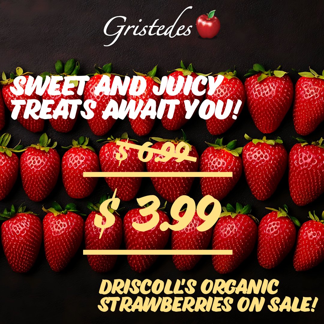 Get ready for a sweet deal! 🍓 Driscoll's Organic Strawberries are now on sale at Gristedes for an incredible $3.99 (from $6.99)!
Perfect for snacks, desserts, or adding a burst of flavor to your favorite dishes. 

Don't miss out on this delicious deal! Sale valid 7/29 - 8/3/2025