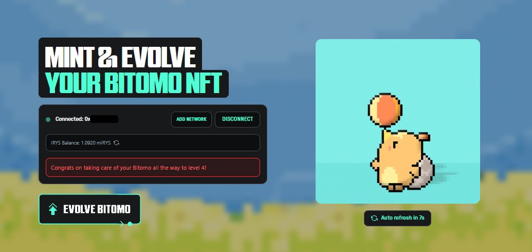 Djumba (@ddjumba) on Twitter photo Bitomo evolved to lvl 4 (aka Phase 4) locked in for the Genesis NFT WL raffle from <a href="/irys_xyz/">Irys (✧ᴗ✧)</a>.
Odds aren’t great with so many grinding for it, but whoever lands that WL is gonna be real happy. Bitomo evolved to lvl 4 (aka Phase 4) locked in for the Genesis NFT WL raffle from <a href="/irys_xyz/">Irys (✧ᴗ✧)</a>.
Odds aren’t great with so many grinding for it, but whoever lands that WL is gonna be real happy.