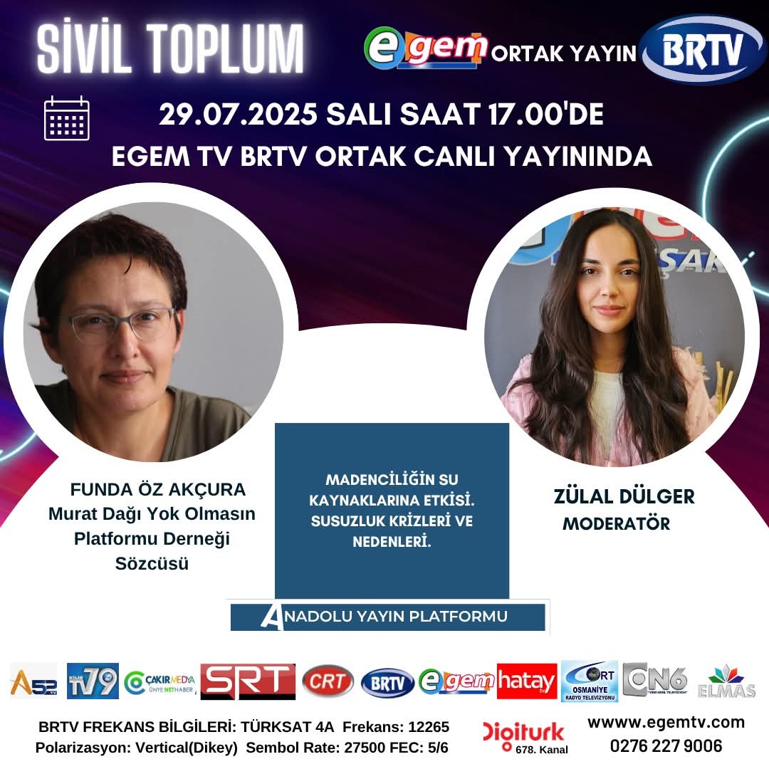 Bugün saat 17:00'de <a href="/egemtv/">Uşak Egem TV</a> ve <a href="/brtvkarabuk/">Brtv</a> ortak yayınında, Toprağımızı Vermiyoruz Kampanya Grubu'ndan, Murat Dağı Yok Olmasın Platformu Derneği Sözcüsü Funda Öz Akçura, "Madenciliğin Su Kaynaklarına Etkisi, Susuzluk Krizleri ve Nedenleri"nin konuşulacağı programa konuk olacak.