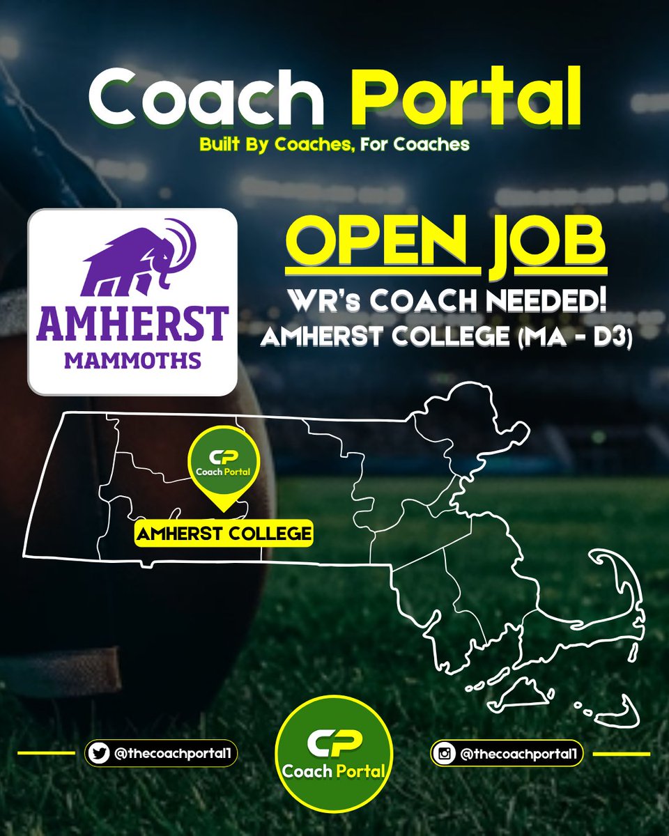 🟣🏈Amherst College (MA - D3) is looking for a part-time, entry-level WR's Coach. Position does not include benefits. Will coach the WR's &amp; assist with recruiting, along with any assigned tasks by the OC and HC.

🔗If interested, apply via the link.
amherst.wd5.myworkdayjobs.com/en-US/Amherst_…